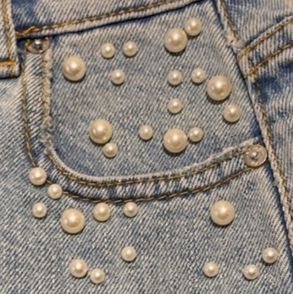 ZARA Blue Denim Jean Skirt Pearl Embellished NWOT Premium Collection Size XS